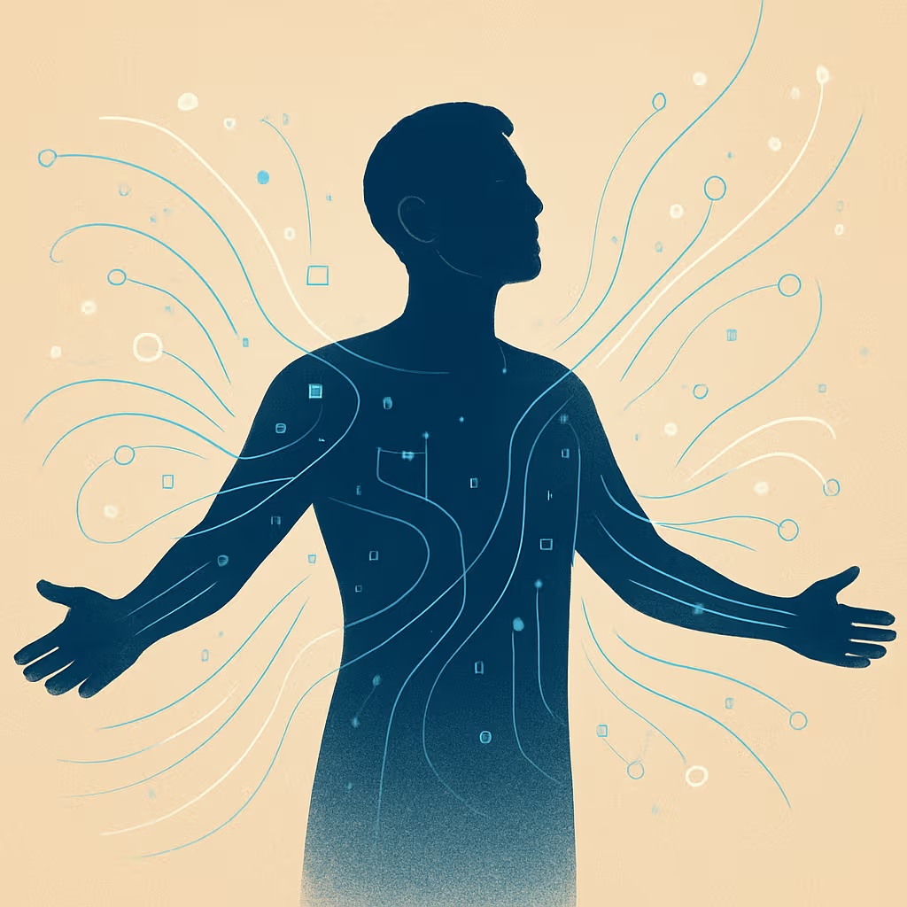 Silhouette of a person with arms outstretched, embracing technology represented by flowing digital lines